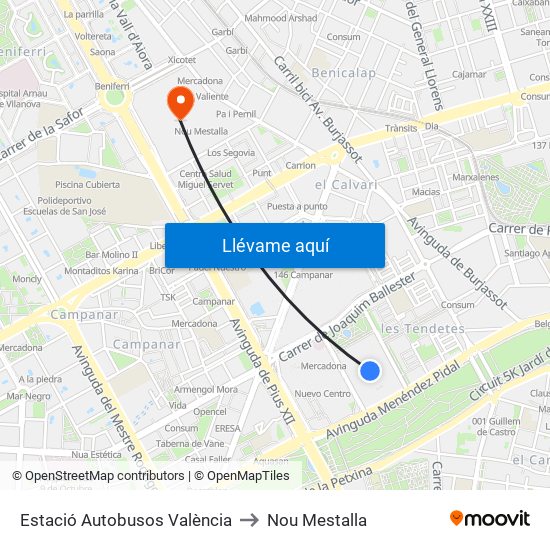 Estació Autobusos València to Nou Mestalla map