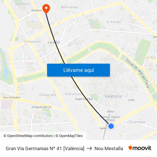 Gran Vía Germanias Nº 41 [València] to Nou Mestalla map