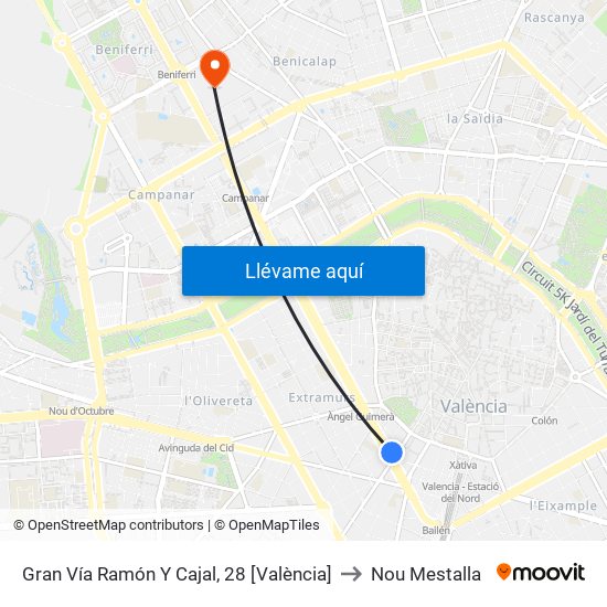 Gran Vía Ramón Y Cajal, 28 [València] to Nou Mestalla map