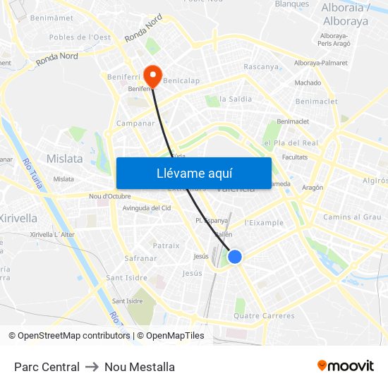 Parc Central to Nou Mestalla map