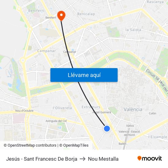 Jesús - Sant Francesc De Borja to Nou Mestalla map