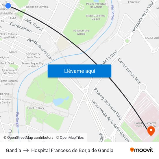 Gandía to Hospital Francesc de Borja de Gandia map