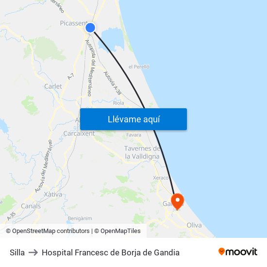 Silla to Hospital Francesc de Borja de Gandia map