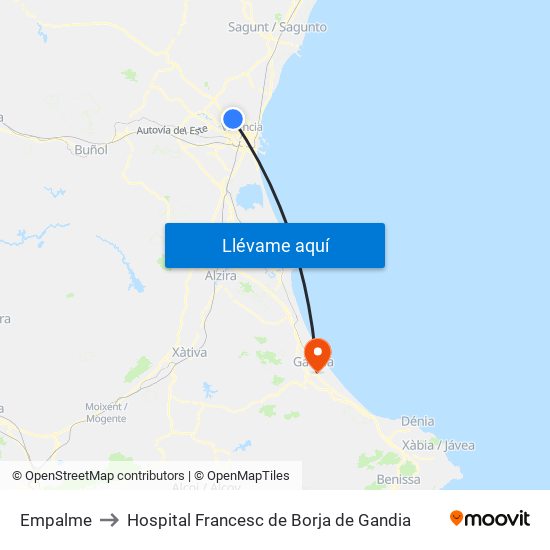 Empalme to Hospital Francesc de Borja de Gandia map
