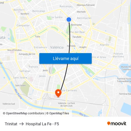 Trinitat to Hospital La Fe - F5 map