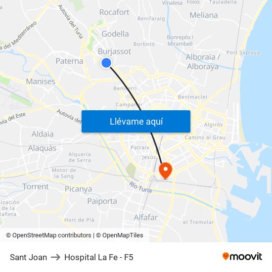 Sant Joan to Hospital La Fe - F5 map