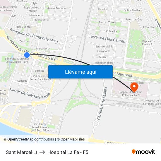 Sant Marcel·Lí to Hospital La Fe - F5 map