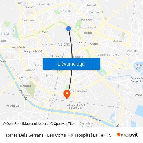 Les Corts to Hospital La Fe - F5 map