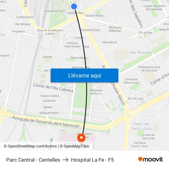Parc Central to Hospital La Fe - F5 map