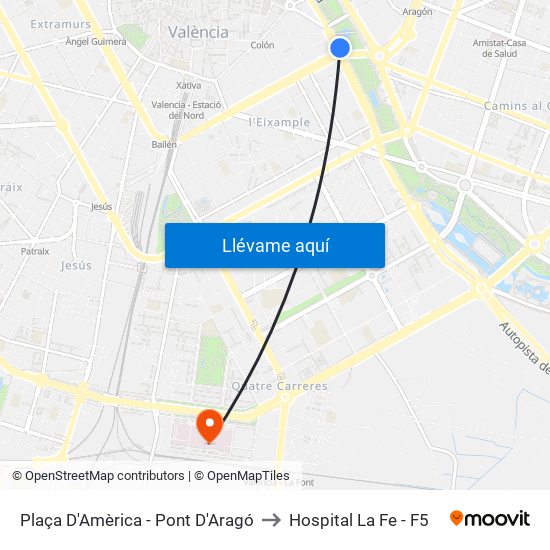 Plaça Amèrica to Hospital La Fe - F5 map