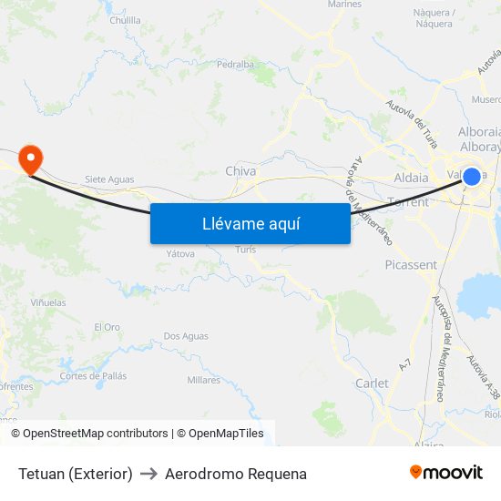 Tetuan (Exterior) to Aerodromo Requena map