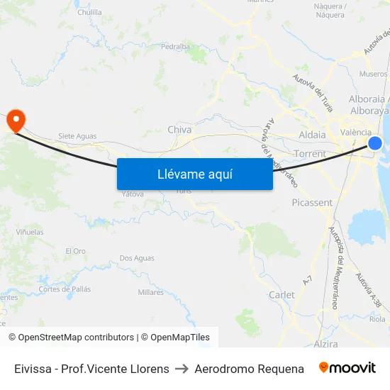 Eivissa - Prof.Vicente Llorens to Aerodromo Requena map