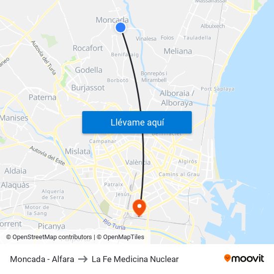 Moncada - Alfara to La Fe Medicina Nuclear map