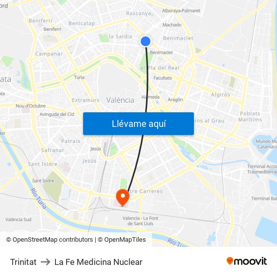 Trinitat to La Fe Medicina Nuclear map