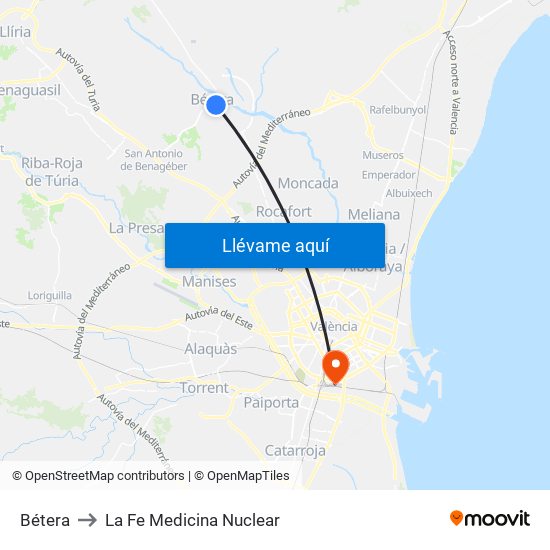 Bétera to La Fe Medicina Nuclear map