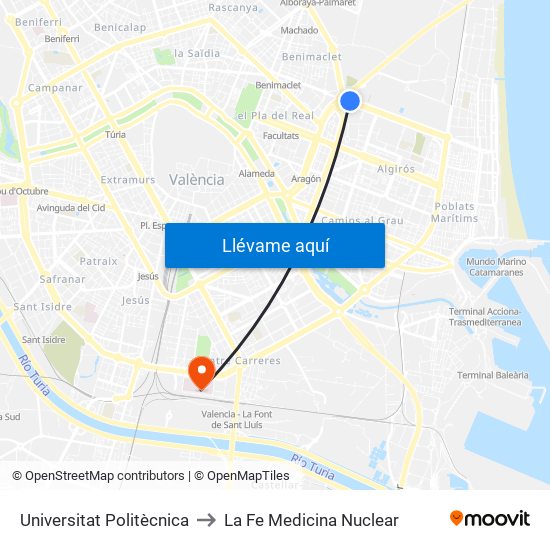 Universitat Politècnica to La Fe Medicina Nuclear map