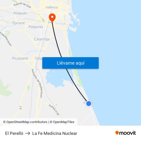 El Perelló to La Fe Medicina Nuclear map