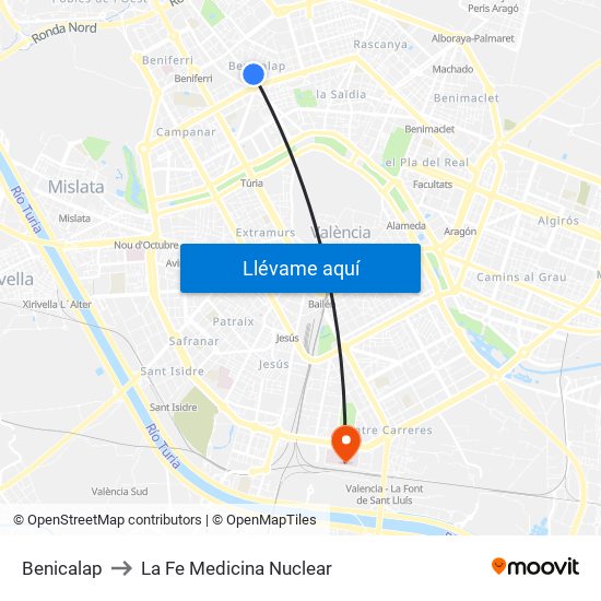 Benicalap to La Fe Medicina Nuclear map