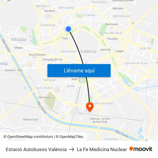 Estació Autobusos València to La Fe Medicina Nuclear map