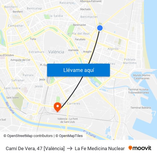 Camí De Vera, 47 [València] to La Fe Medicina Nuclear map