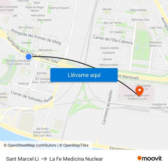 Sant Marcel·Lí to La Fe Medicina Nuclear map