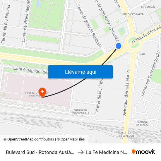 Rotonda Dels Hams to La Fe Medicina Nuclear map