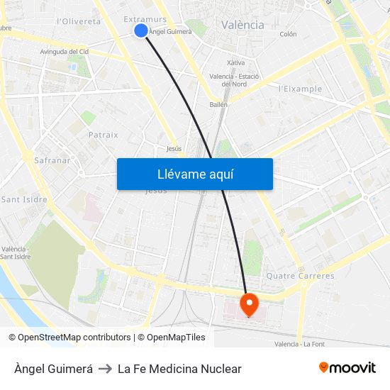 Àngel Guimerá to La Fe Medicina Nuclear map
