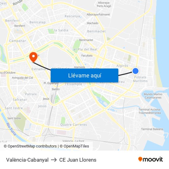 València-Cabanyal to CE Juan Llorens map