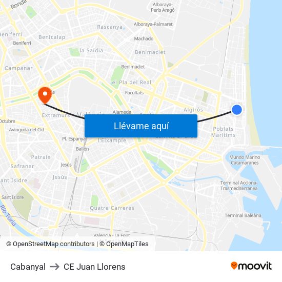 Cabanyal to CE Juan Llorens map