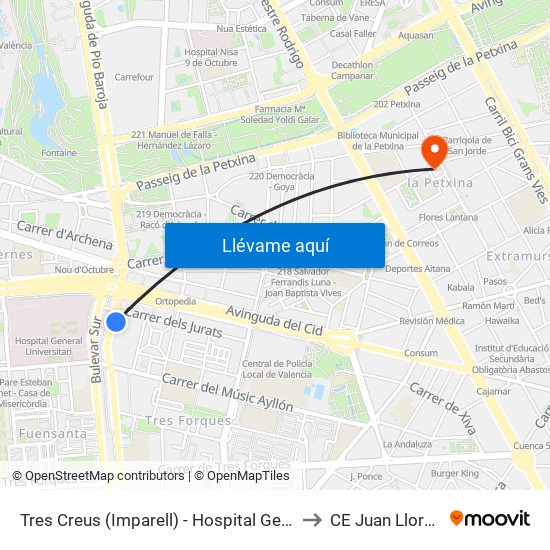 Hospital General to CE Juan Llorens map