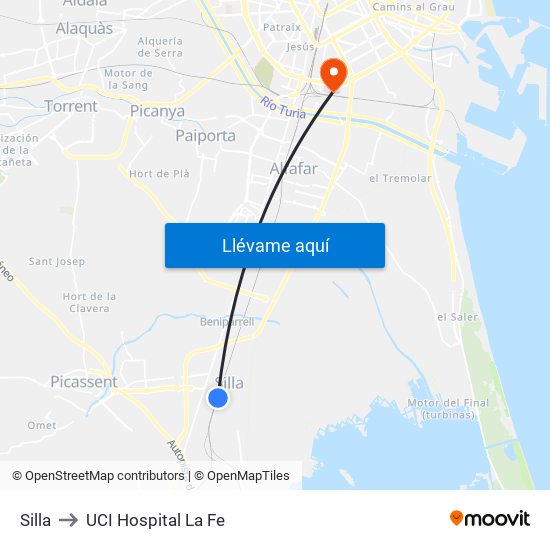 Silla to UCI Hospital La Fe map