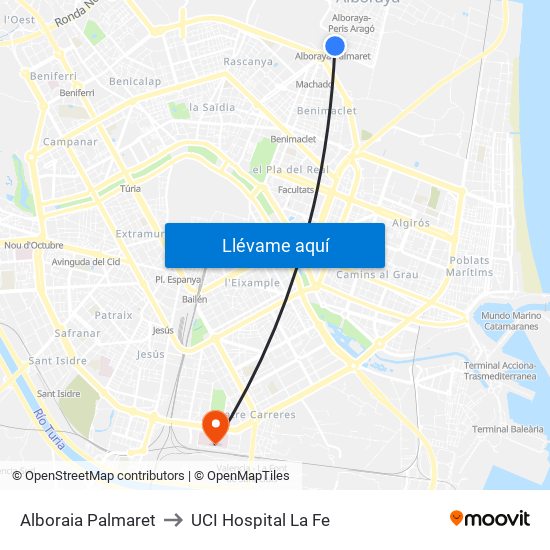 Alboraia Palmaret to UCI Hospital La Fe map