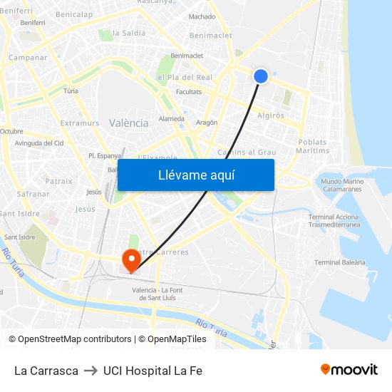 La Carrasca to UCI Hospital La Fe map