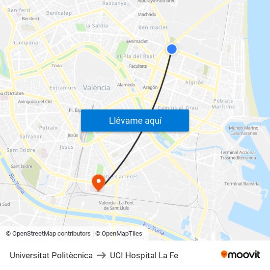 Universitat Politècnica to UCI Hospital La Fe map