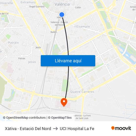 Xàtiva - Estació Del Nord to UCI Hospital La Fe map