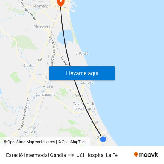 Estació Intermodal Gandia to UCI Hospital La Fe map