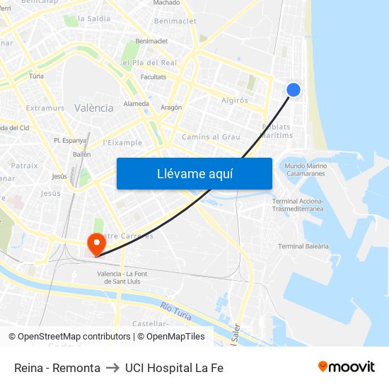 Reina - Remonta to UCI Hospital La Fe map