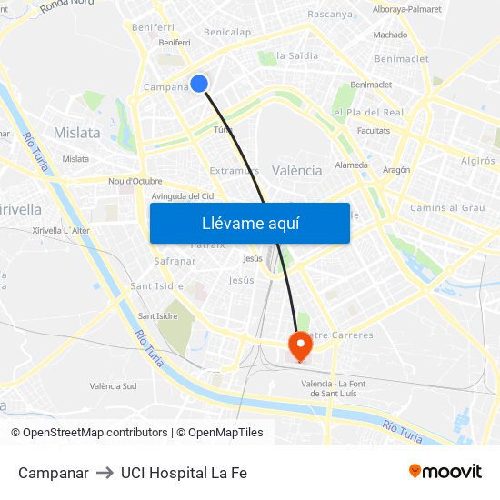 Pius XII (Imparell) - Metro Campanar to UCI Hospital La Fe map