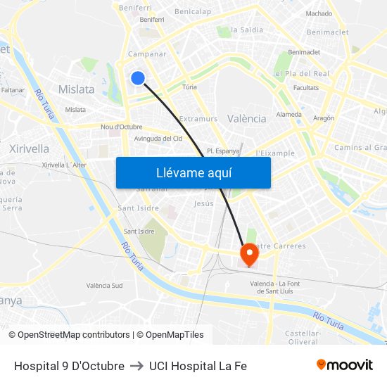 Hospital 9 D'Octubre to UCI Hospital La Fe map