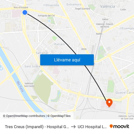 Hospital General to UCI Hospital La Fe map