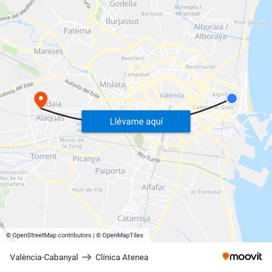 València-Cabanyal to Clínica Atenea map