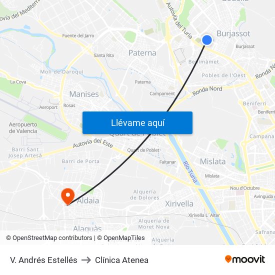 V. Andrés Estellés to Clínica Atenea map