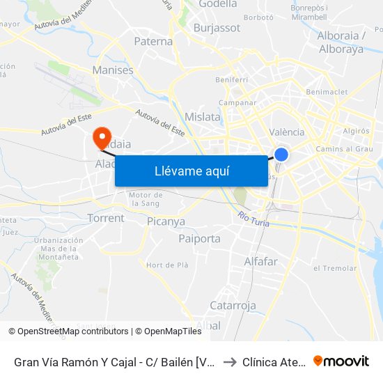 Gran Vía Ramón Y Cajal - C/ Bailén [València] to Clínica Atenea map