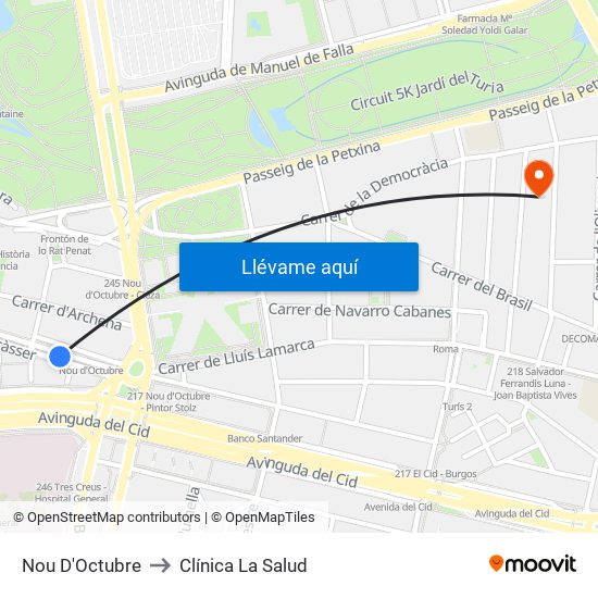 Nou D'Octubre to Clínica La Salud map