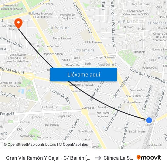 Gran Vía Ramón Y Cajal - C/ Bailén [València] to Clínica La Salud map