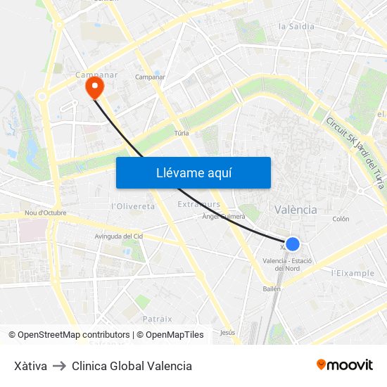 Xàtiva to Clinica Global Valencia map