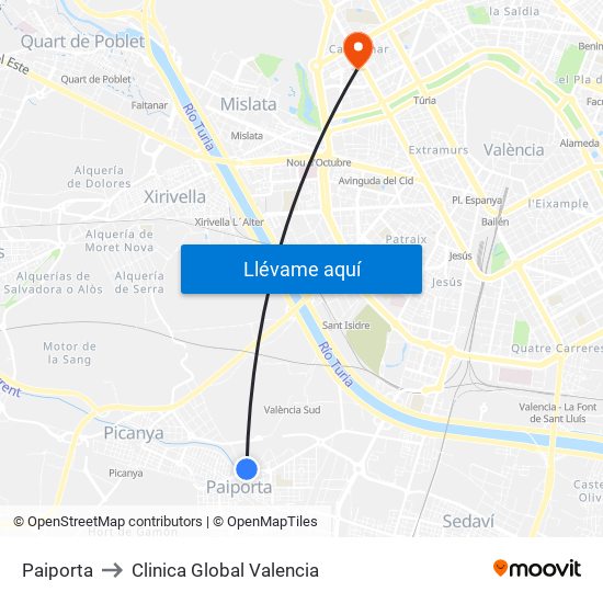 Paiporta to Clinica Global Valencia map