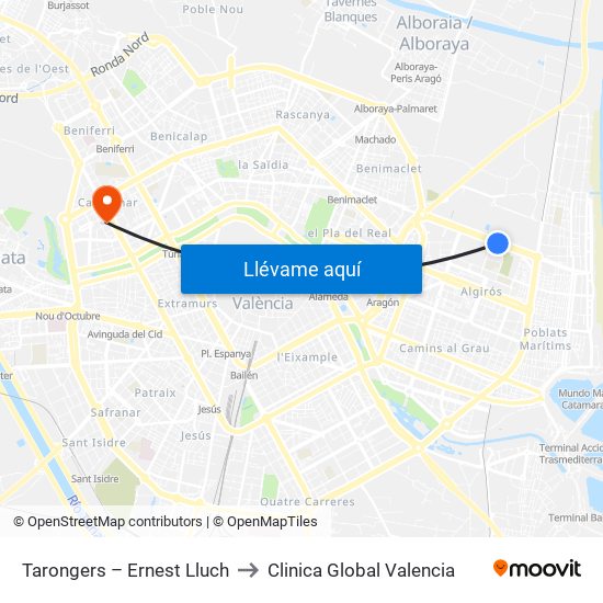 Tarongers – Ernest Lluch to Clinica Global Valencia map
