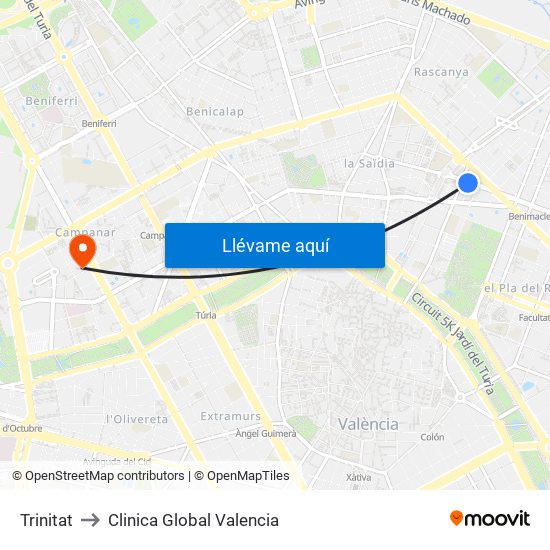 Trinitat to Clinica Global Valencia map