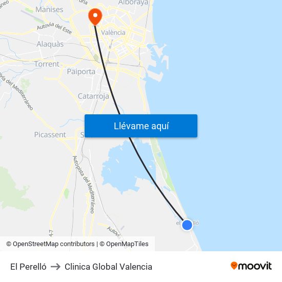 El Perelló to Clinica Global Valencia map